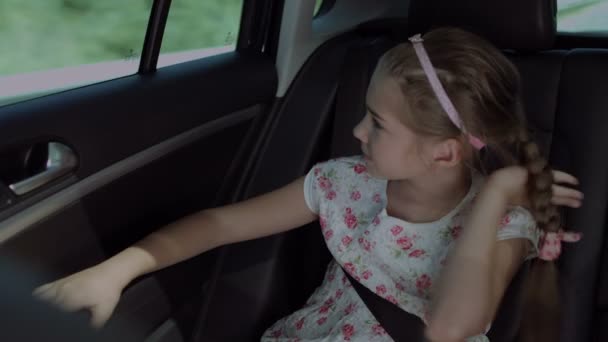 Sevimli kız güzel manzarayı araba penceresinden — Stok video