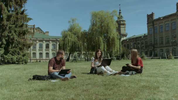 Studenten delen met de ideeën op het gazon van de campus — Stockvideo