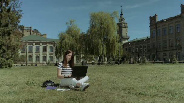 Inteligentní Vysoká škola student připravuje na zkoušku na trávníku — Stock video
