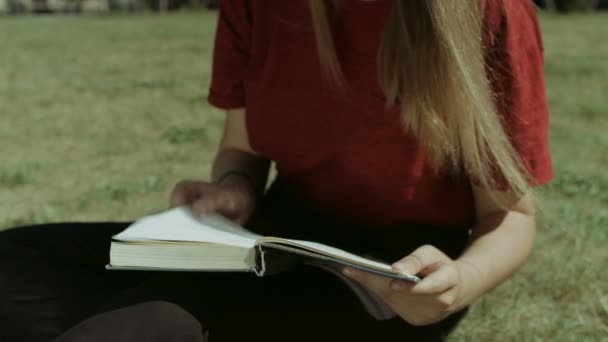 Chica inteligente leyendo un libro al aire libre — Vídeo de stock