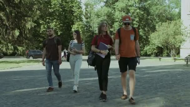 Vrolijke student vrienden gaan naar de Universiteit — Stockvideo