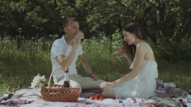 Rahat çift pikniğe şampanya içmek