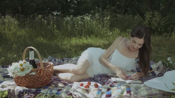 华丽的聪明的女人在夏天的礼服上使用书签在精装书 而躺在毯子在公园 快乐迷人的女性享受阅读 而放松户外在夏天的一天 — 图库视频影像