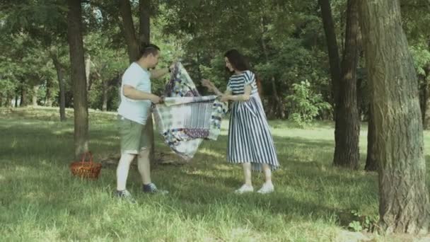 Família alegre colocando cobertor de piquenique no parque — Vídeo de Stock