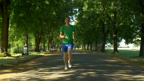 Sportlicher junger Mann läuft in öffentlichem Park — Stockvideo