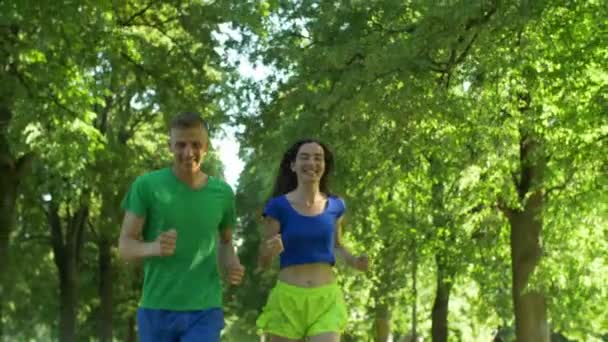 Positive sport runners jogging on park trail — Stock Video