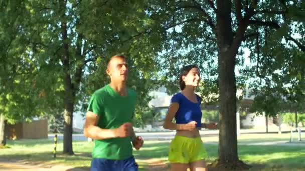 Здоровые активные пары бегунов встречаются с друзьями в парке — стоковое видео