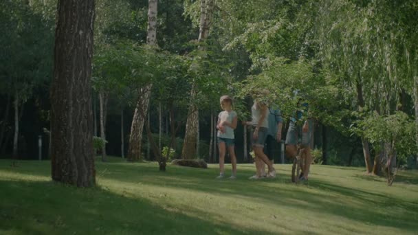 Fröhliche Familie sucht Platz für Picknick — Stockvideo