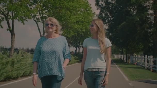 Charlando madre mayor e hija adulta caminando en el parque — Vídeo de stock