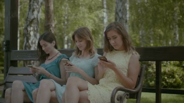 三位漂亮的女性朋友忙于 Cellpohones 网络聊天 坐在公共公园的长凳上闲聊 在户外休息时 漂亮的女人在智能手机上冲浪网 — 图库视频影像