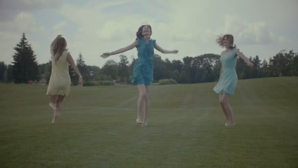 Bezstarostné ženy skákat na zelené trávě v létě