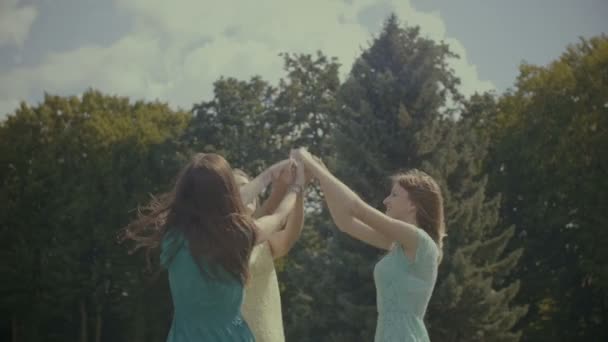 Alegres amigas bailando en círculo al aire libre — Vídeos de Stock