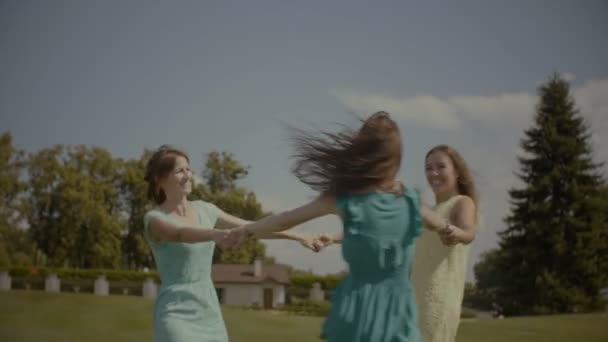 无忧无虑的漂亮女人 长头发飘在风中 手牵着手 在自然休息时旋转在绿色的田野上 积极的最好的女性朋友在户外玩耍和旋转 — 图库视频影像