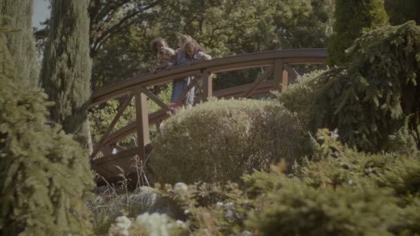 Familie steht auf Brücke und bewundert Aussicht — Stockvideo