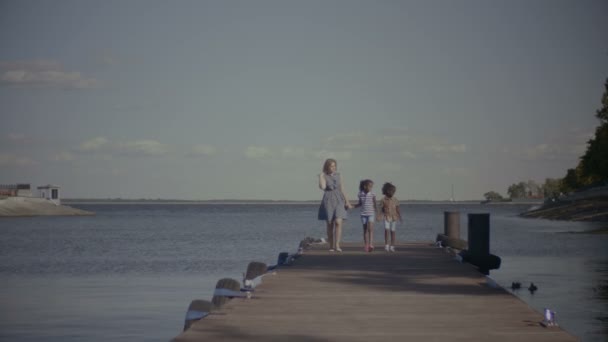 Famille joyeuse avec des enfants marchant le long d'une jetée en bois — Video