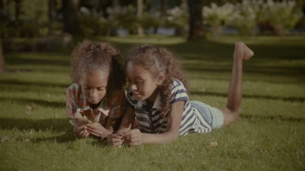 Glad söt systrar liggande på grönt gräs utomhus — Stockvideo