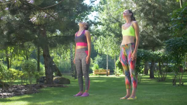 Kobiety fitness rozgrzewa mięśnie szyi przed treningiem — Wideo stockowe