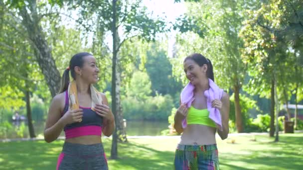 Adaptez les femmes avec des serviettes marchant dans le parc après l'entraînement — Video