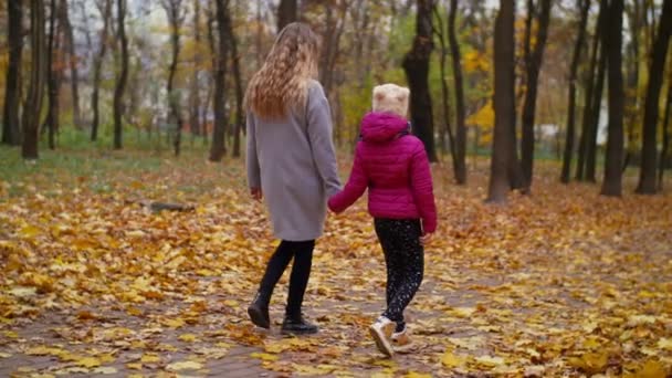 Мать и дочь наслаждаются красочной осенней природой — стоковое видео