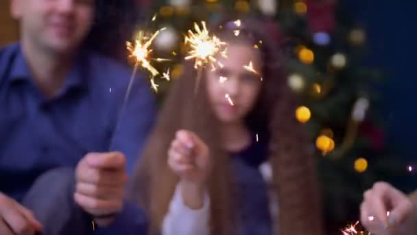 Joyful family holding bengal lights at christmas — Stock Video