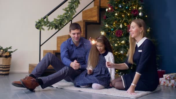 Familia feliz con bengalas celebrando la Navidad — Vídeo de stock