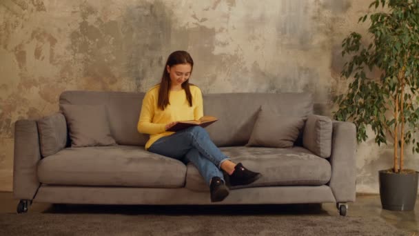 Έξυπνη γυναίκα διαβάζοντας ένα βιβλίο στον καναπέ — Αρχείο Βίντεο