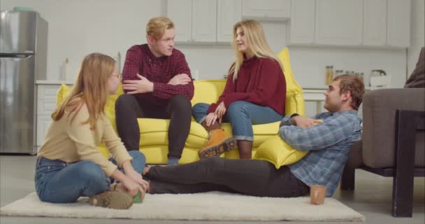 Group of young chatting friends relaxing at home — Stock Video