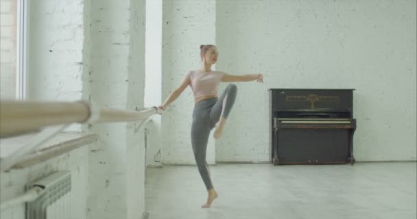 Balletttänzerin führt Passübung am Barre vor — Stockvideo