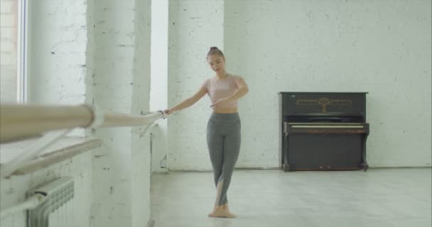 Slim pretty ballerina rehearsing in ballet class — Stock Video