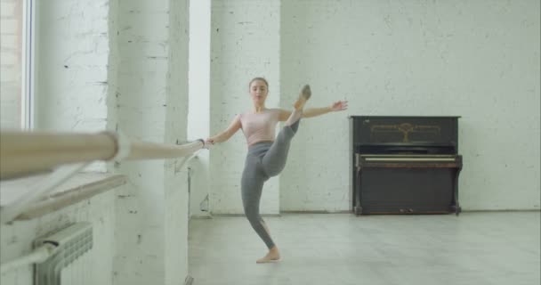 Classic ballet dancer exercising temps leve at barre — Stock Video