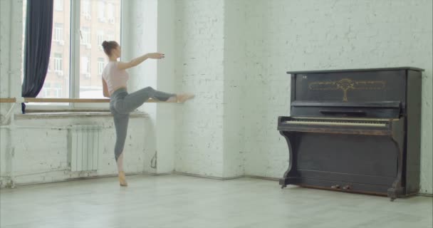 Bailarina realizando exercícios de dedans no barre — Vídeo de Stock