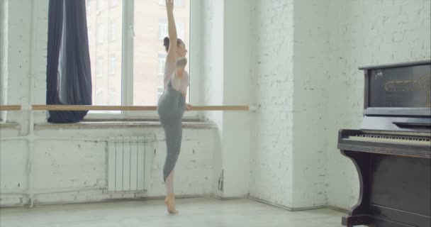 Balletdansers beoefenen van developpe in barre — Stockvideo