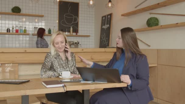 Fêmea corretor de imóveis se comunicando com o cliente no café — Vídeo de Stock