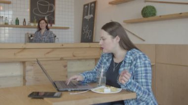 Meşgul kadın o programcı dizüstü bilgisayarda çalışan kafede