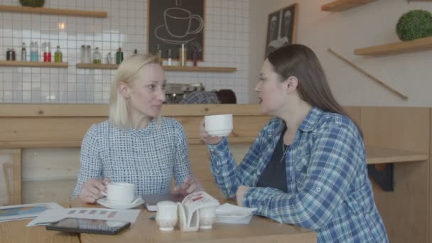 カフェで働く女性フリーランサーのコーヒーブレイク — ストック動画