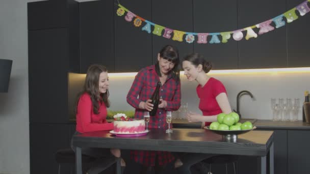 Vrouwen clincking bril thuis verjaardagsfeestje — Stockvideo