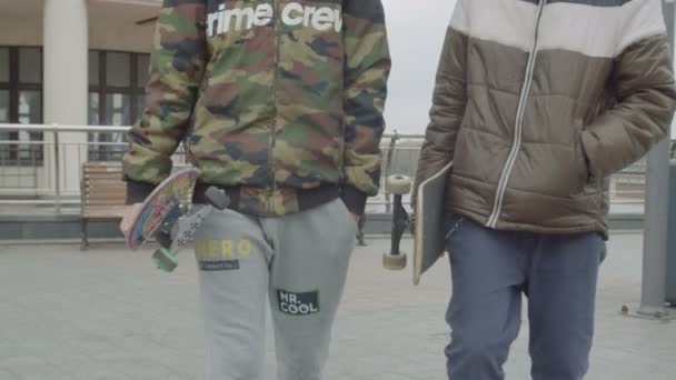 Adolescentes segurando skates andando rua da cidade — Vídeo de Stock