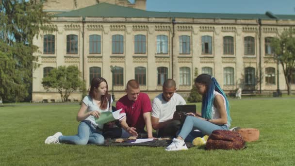 Studenten studieren sitzend auf grünem Rasen — Stockvideo