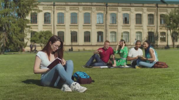 Vrouwelijke student wordt gepest door een groep vrienden — Stockvideo