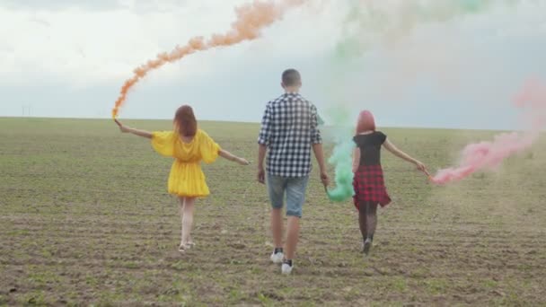 Elegantes hipsters caminhando através do campo em fumaça colorida — Vídeo de Stock