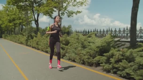 Jogging féminin sportif le long du sentier de course dans le parc — Video