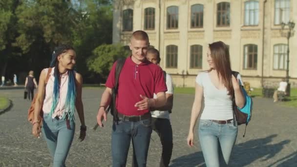 Glückliche College-Freunde treffen sich auf dem Campus der Universität — Stockvideo