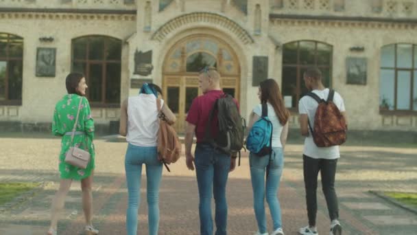 Jóvenes estudiantes multiétnicos caminando a la universidad — Vídeo de stock