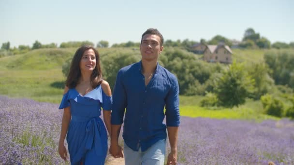 Pasangan ras campuran menikmati berjalan-jalan di glade bunga — Stok Video