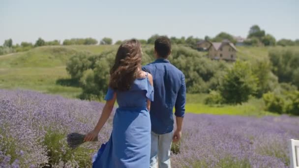 Snygg Mixed Race-par som går i blommande fält — Stockvideo