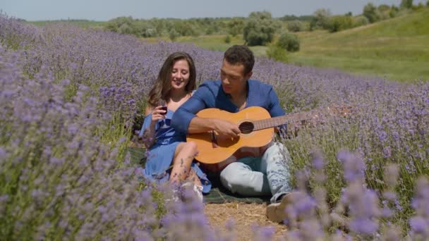 Diversa pareja disfrutando de un picnic romántico en la naturaleza — Vídeos de Stock