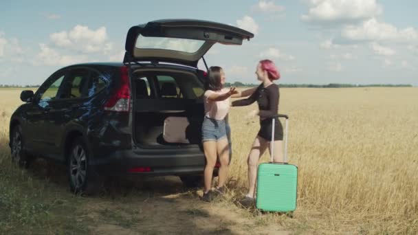 Mujeres multirraciales positivas que se reúnen para viajar por carretera — Vídeo de stock