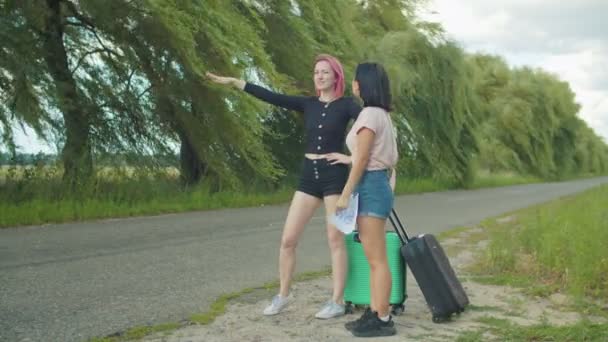 Women travelers hitchhiking with cardboard sign — Stock Video