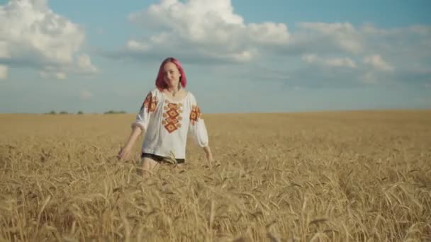 Upphetsad kvinnlig spinning runt i vetefält — Stockvideo