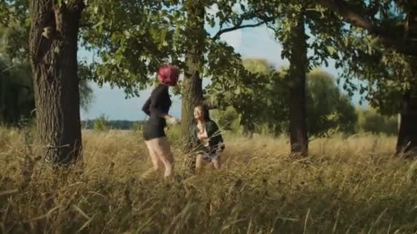 Веселые разнообразные женщины играют в мяч на открытом воздухе — стоковое видео